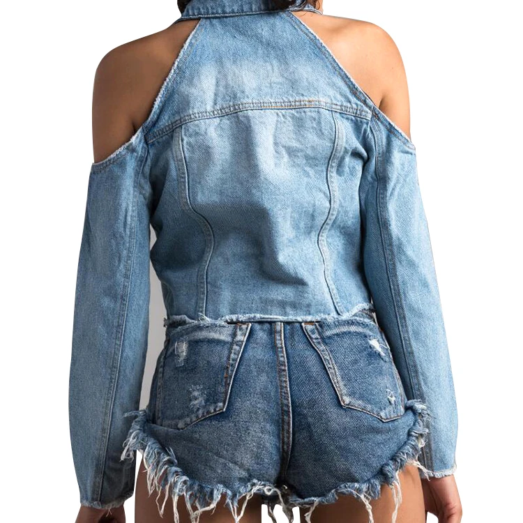 New Fashion Sexy off Shoulder Short Cropped Denim Jean Jacket Women