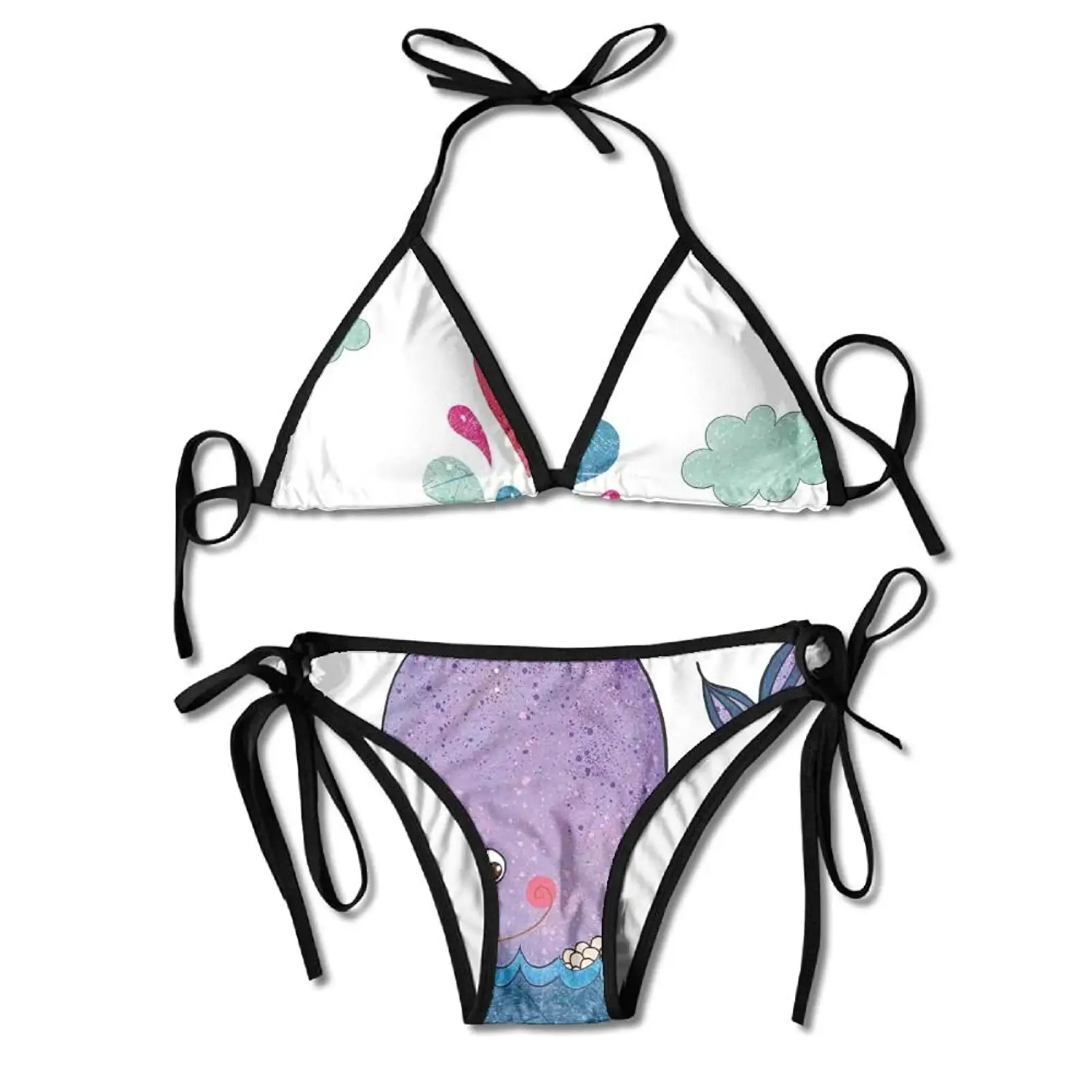 Woman Cute Smiley Whale with Lovely Hearts and Clouds On Sea Great for Kids Swimming Bikini