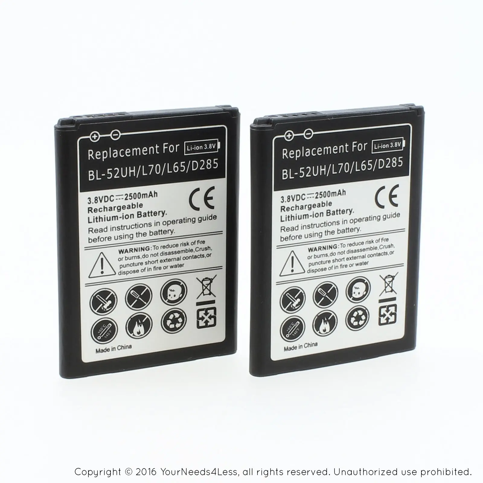 YN4L 2 X 2500mAh Replacement Batteries for LG Optimus L70 ; D320 ; MS323 ; L65 ; D285 ; LS620 ; BL-52UH