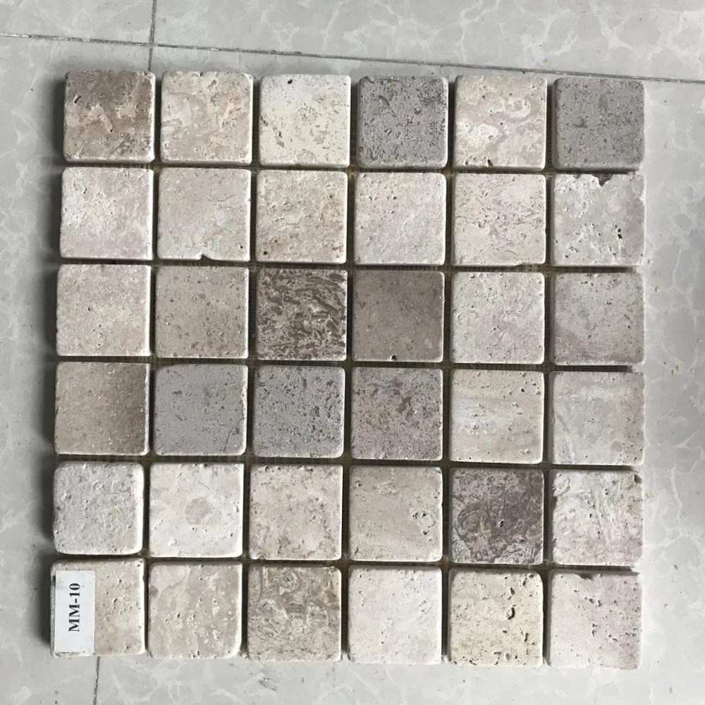 Chinese beige natural travertine stone mosaic outdoor floor mat tiles with mesh backing