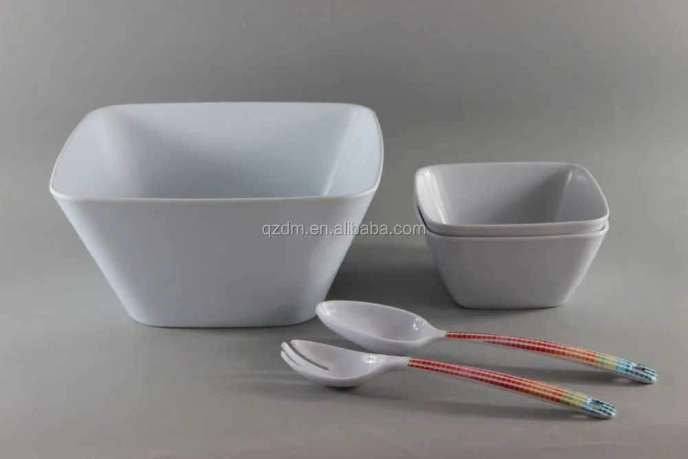 Square Shape Melamine Salad Bowl And Spoon/Fork Set