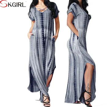 New Arrival 2018 Autumn Evening Party Striped Long Beach Dress Pockets Womens Boho Three Quarter Maxi Dress Party Dresses W341