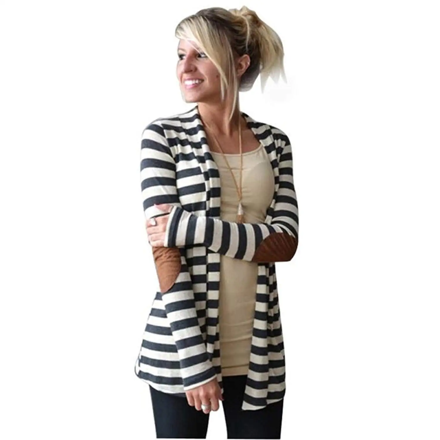 EryRon Women's Casual Long Sleeve Arm Patches Striped Cotton Blend Cardigan Jacket