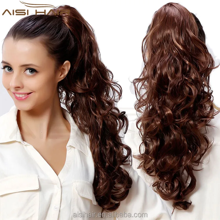 Brown Blonde Synthetic Hair Pony Tail Long Curly Weave Claw Clip