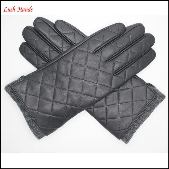 2016 new style women's checked genuine sheepskin gloves with knitted cuff