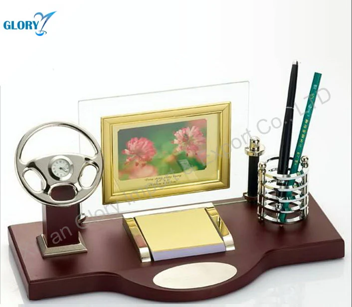 Car Model Design Wood Clock With Pen Stand For Office Desk Set