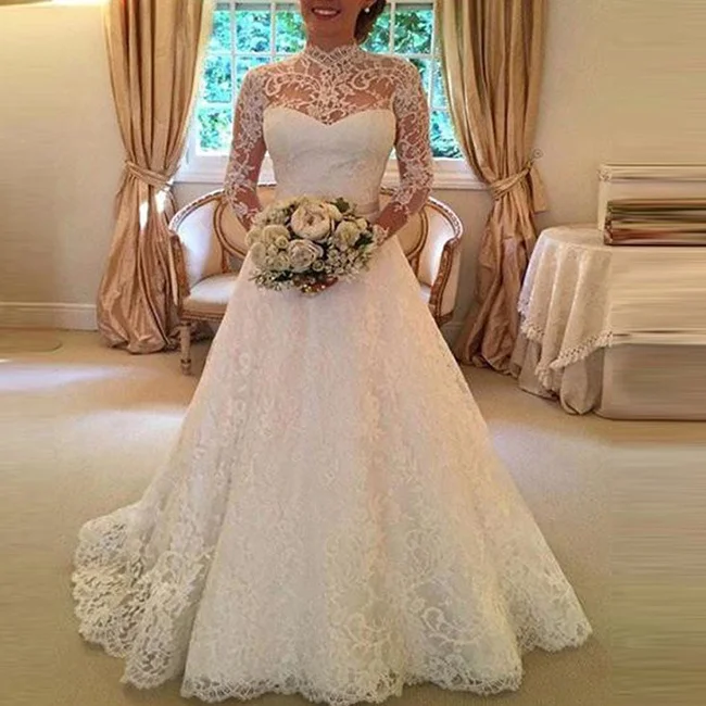 2019 nouveau moins cher blanc dacron robe dentelle à manches longues robes de mariée