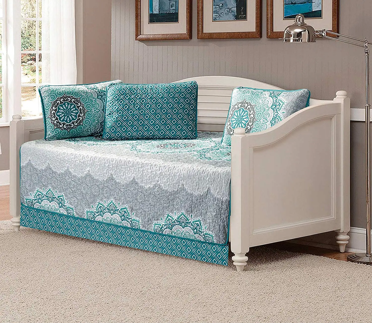 Mk Collection 5pc Daybed Set Aqua Turquoise Coastal Plain Grey Green White Elegant Design # Oslo Aqua