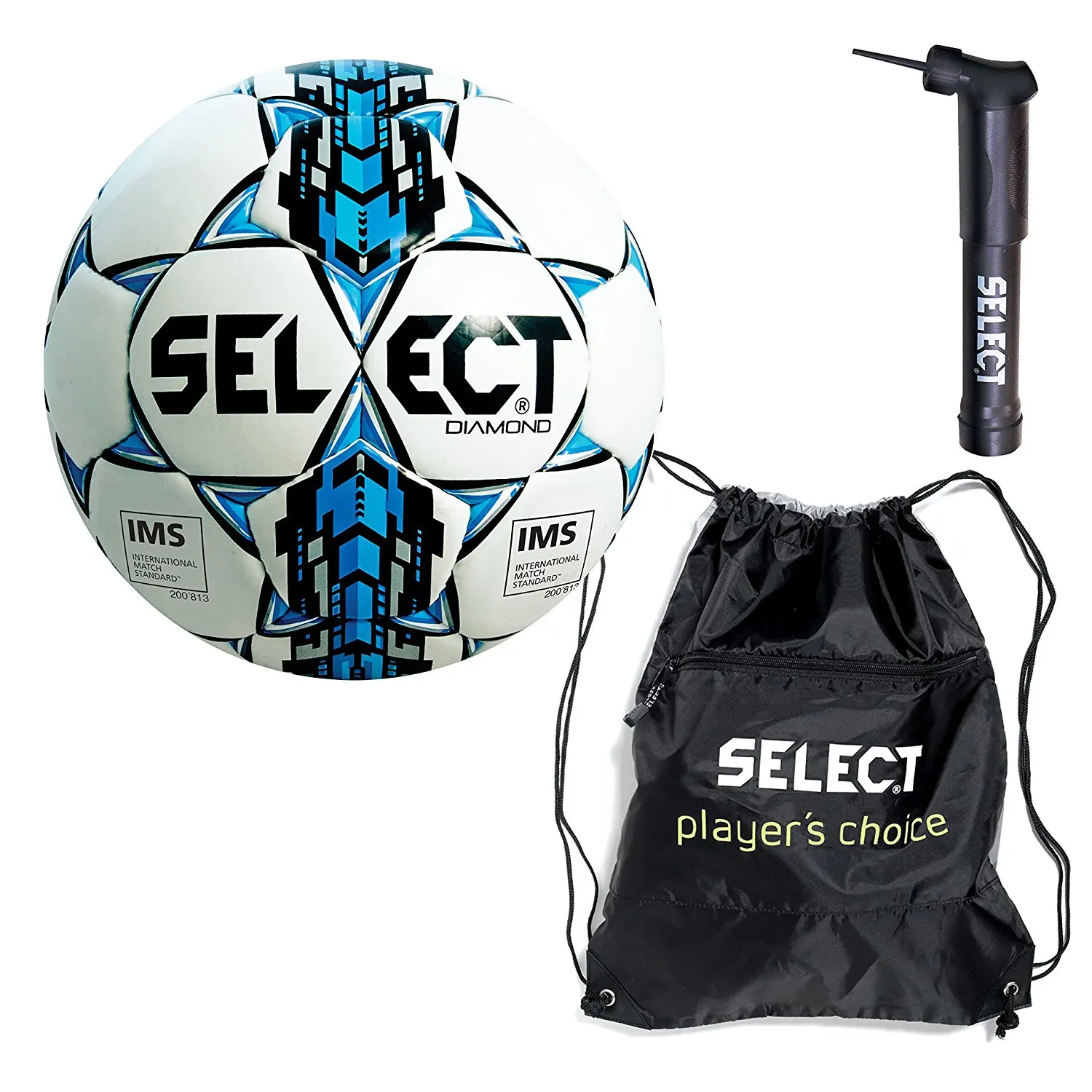 Select Diamond ball pack - 1 x soccer ball with sack pack & soccer ball hand pump(White/Blue, Size 5)