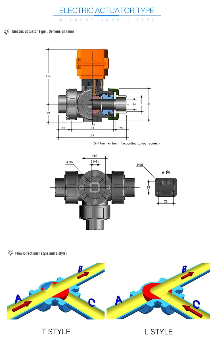 PPH DC 24V motorized 1/2 inch 3 way electric motor ball valve