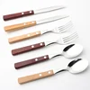 304 stainless steel silver restaurant hotel spoon fork flatware set with wooden handle