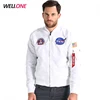 OEM guangzhou manufacturer design your own custom embroidery patch polyester high quality NASA short men white bomber jacket