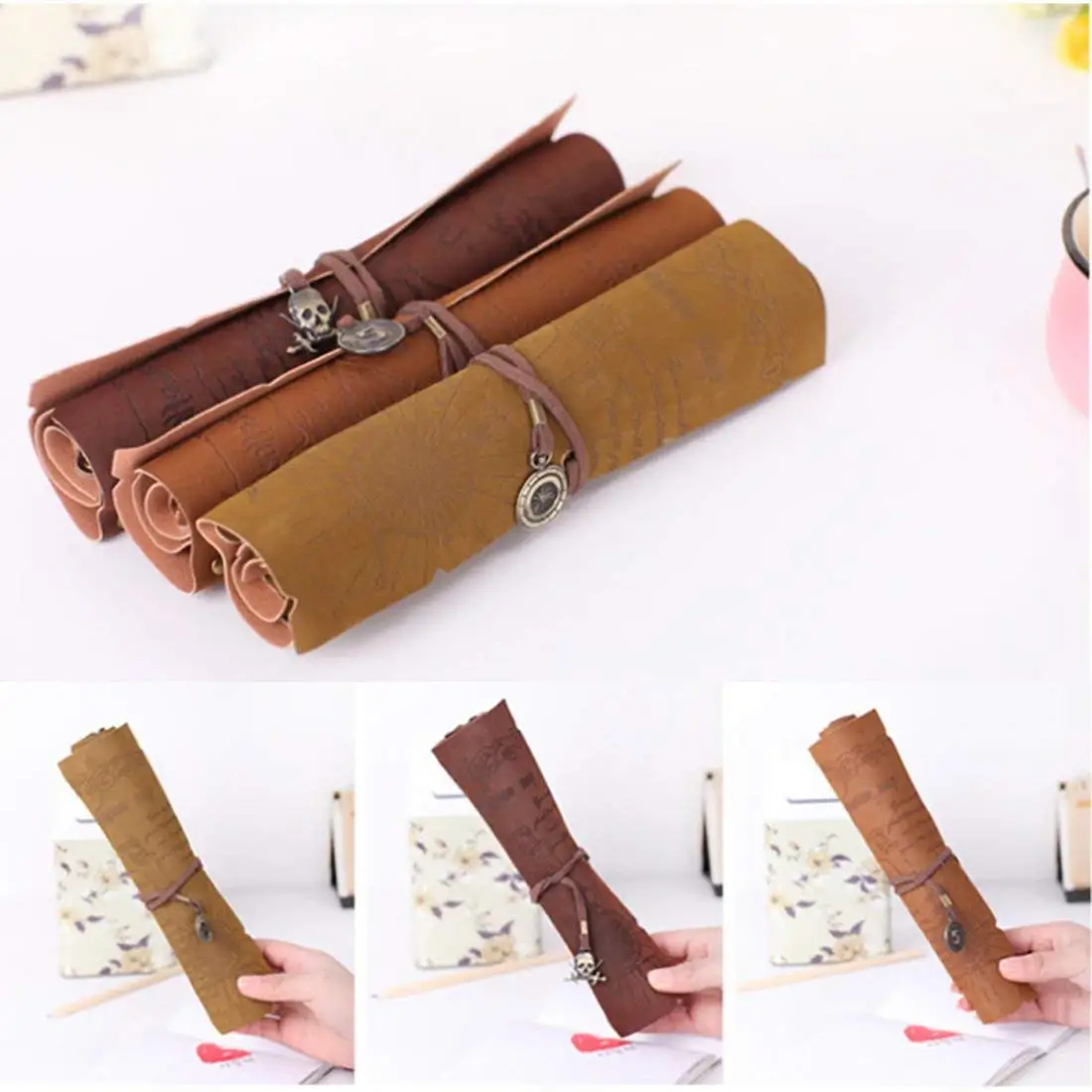 Rollable Pen Bags Pencils Bags, Zubita 3 in 1 Creative Treasure?Map Pirate Map Style Pencils Wraps Multi-purpose Pouch PU Suede?Leather Pencils Holder for Pens Pencils and Cosmetic?Brushes