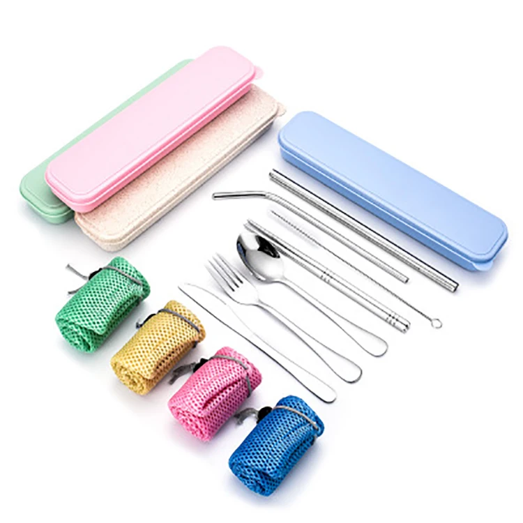 
304 Stainless steel dinner set tableware set portable travel cutlery set with wheat box 7pcs 