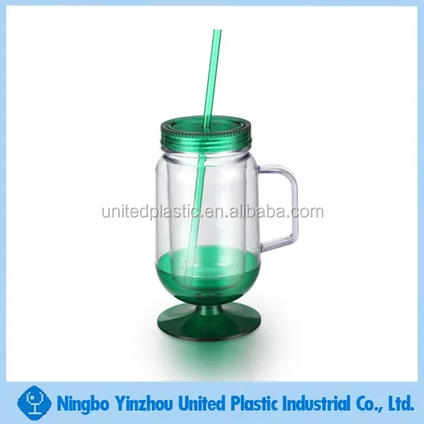 16oz Double Wall Plastic Mason Jar With Side Handle,Ps Plastic Jar For