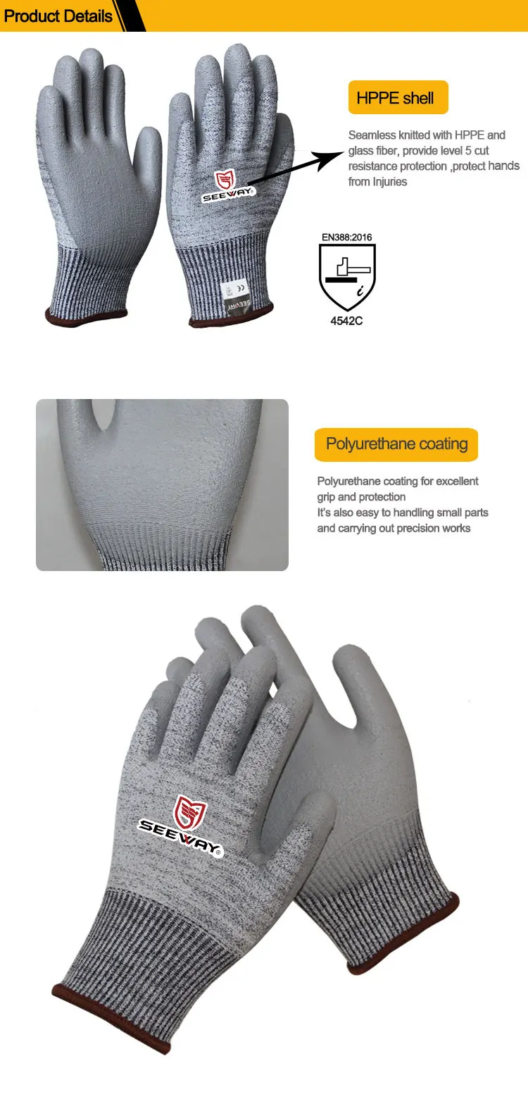 Ce En388 Level 5 Anti Proof Hppe Knitted Pu Palms Safety Work Cut