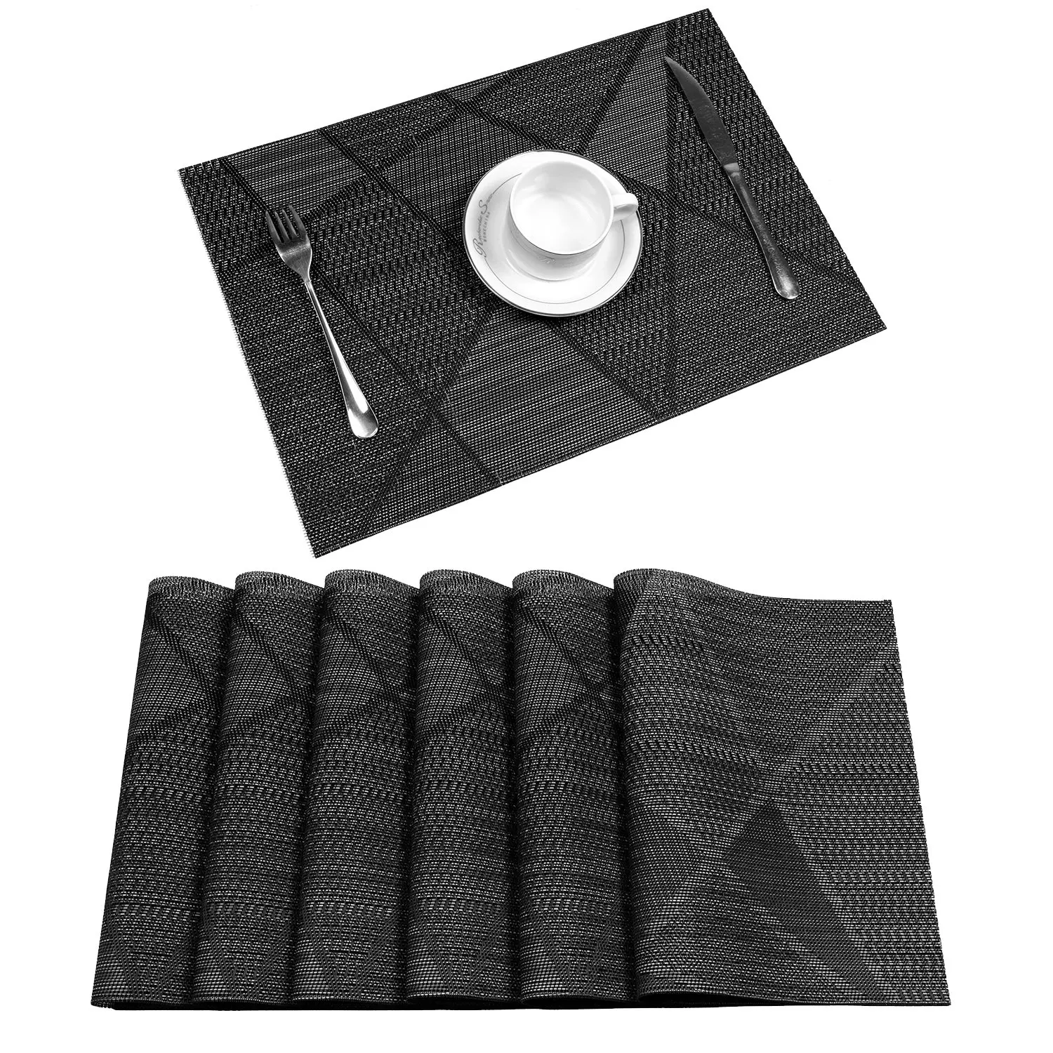 UArtlines Placemat Crossweave Woven Vinyl Non-Slip Insulation Placemat Washable Table Mats Set of 6 6pcs placemats, Silver-Gray