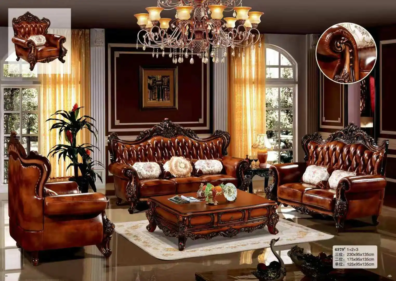 high quality European antique living room sofa furniture genuine leather set mgsf6379