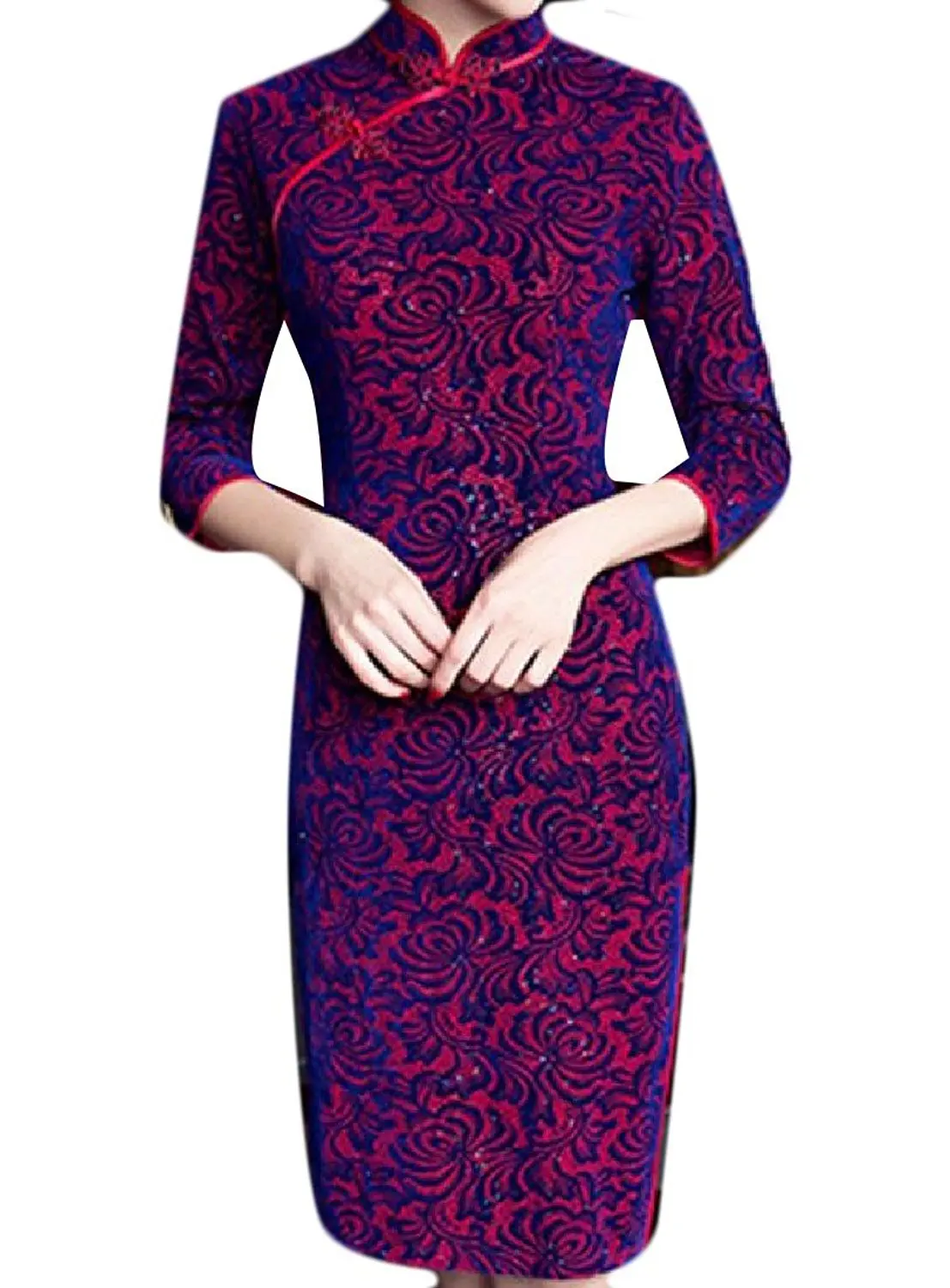 Sheng Xi Women's Stand Collar Chinese Floral Printing Side Slit Cheongsam