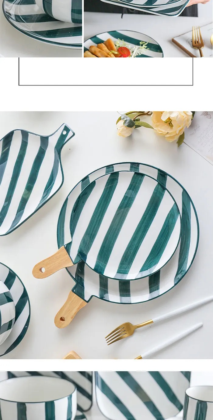 Green stripe series Nordic hand painted ceramic dinnerware Chinese and western plate set mug