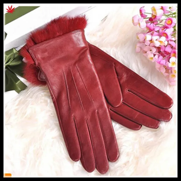 women fashion fake fur trim genuine red leather glove