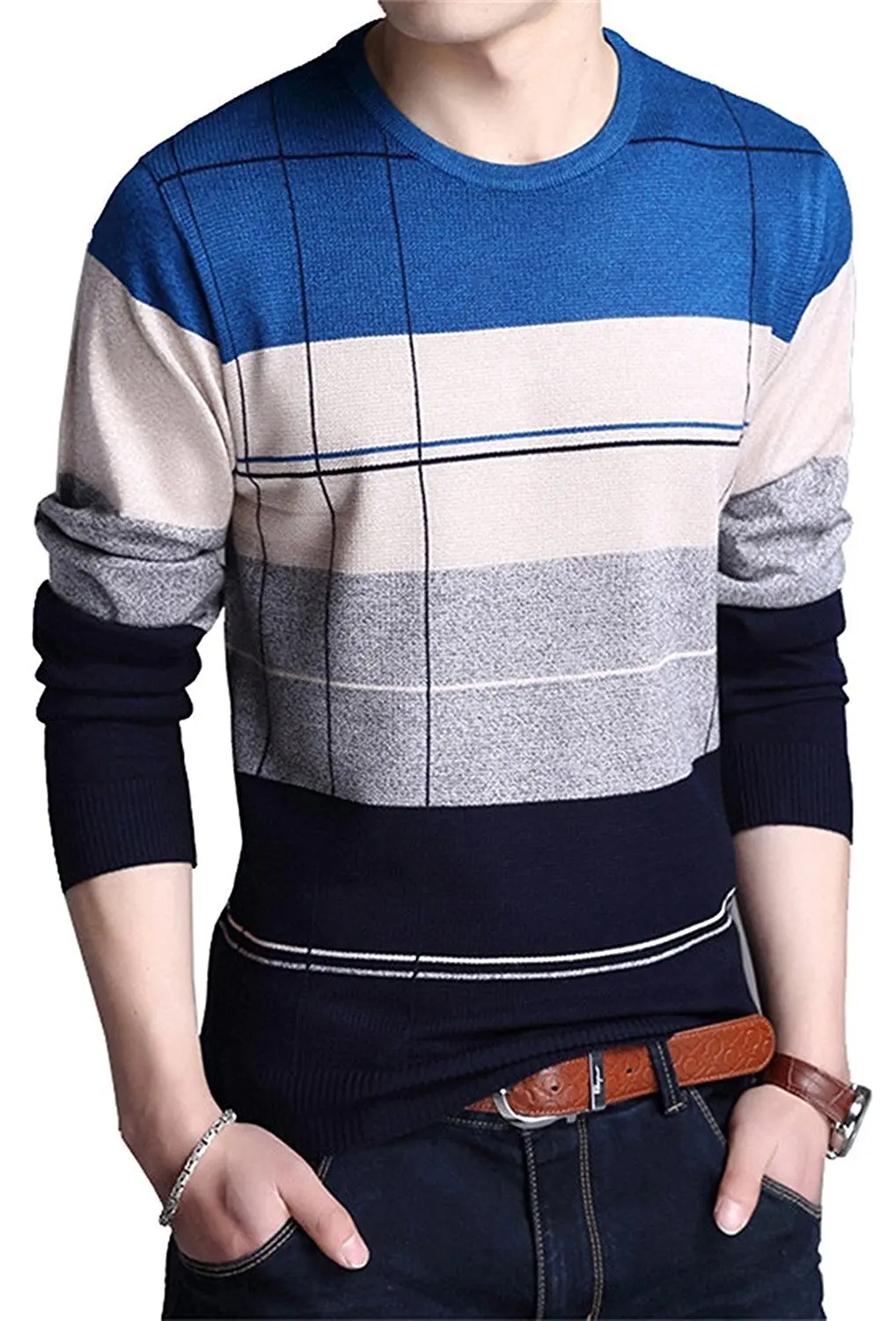 ONTBYB Mens Slim Contrast Winter Pullover Round Neck Sweatshirts