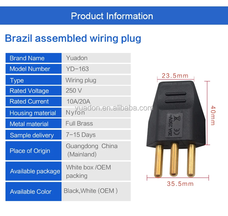 Brazilian Standard 10/20a Electrical Brazil Ac Power Wall Charger Plug