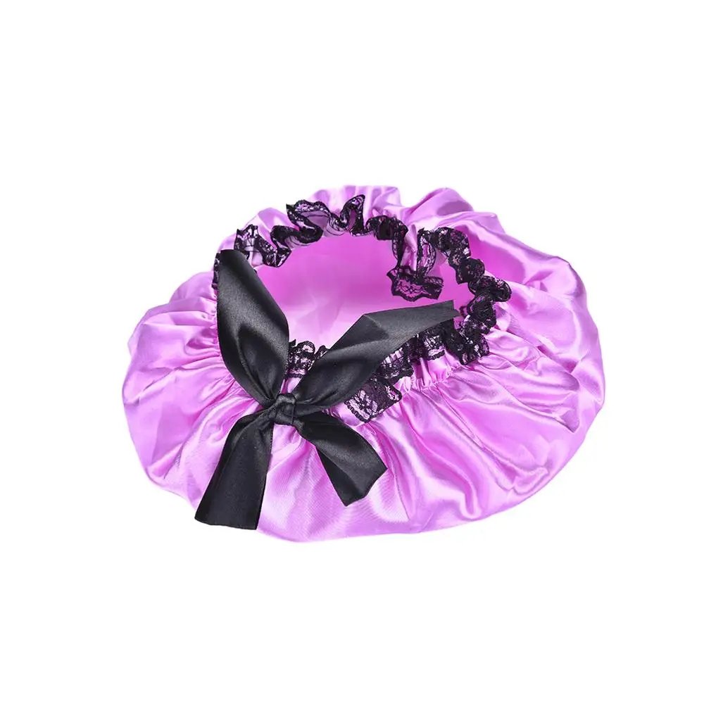 Sexy Lace Bowknot Pink Satin Bonnet For Women Adjustable Elastic Band