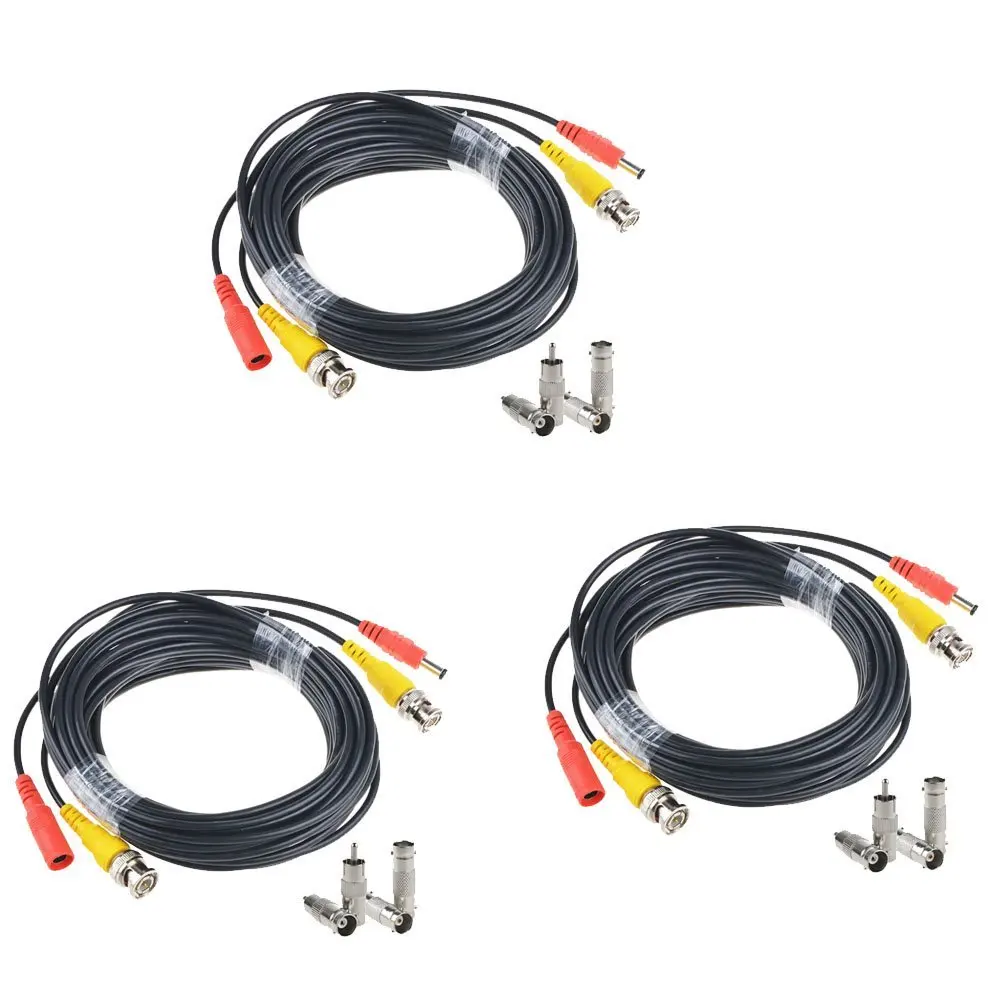 JerGO Professional Grade Siamese Combo Coaxial Cable Pre-made All-in-One BNC Video Power Cable for 1080P /720P, TVI, CVI, AHD and HD-SDI Camera and Analog CCTV Camera ( Black 65Ft ) (3 Pack)