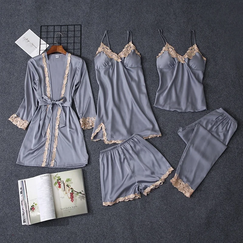 2019 New Style Nightwear for Women Sexy Silk Nightgown Satin Five Pieces Pajamas Set