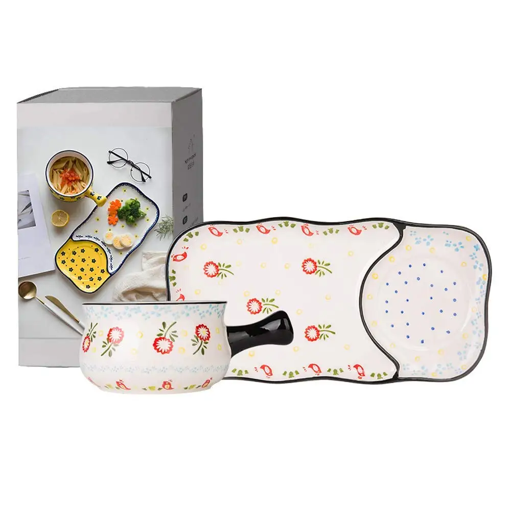 CoCoMe One Set Japanese Hand Drawing One Person Ceramic Porcelain Divided Plate Dinner Plates/Luncheon Plates/Salad Plates/Dishes Set Dinner Cereal Breakfast Plate with Soup Bowl Set