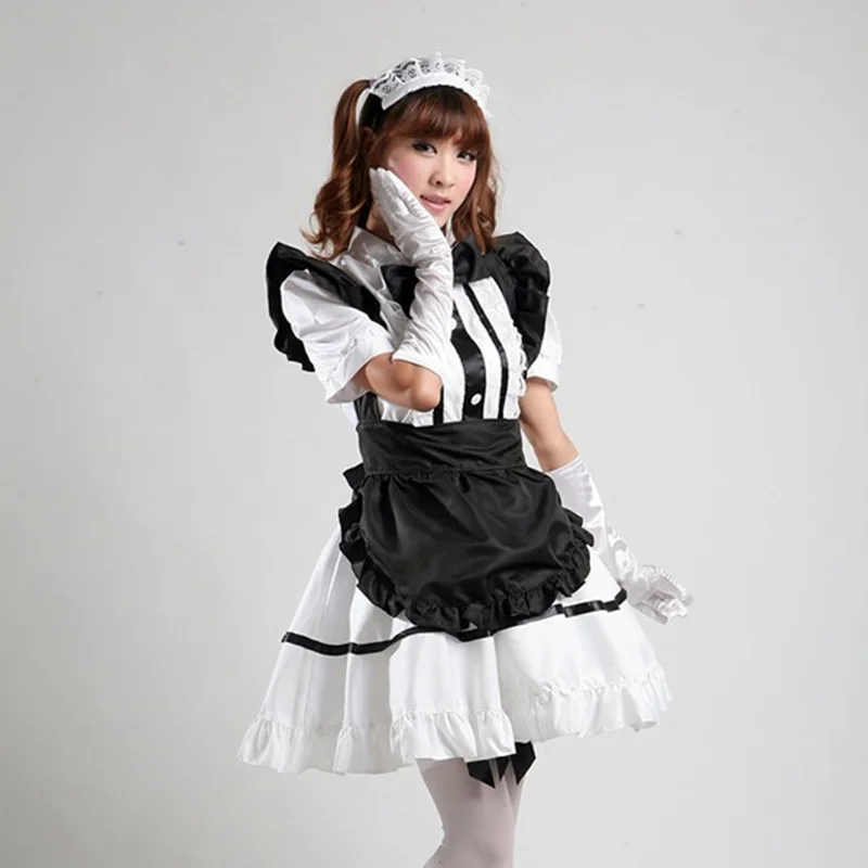 Cute Japanese Girls Short Sleeve Lolita Maid Black Cosplay Costume ...