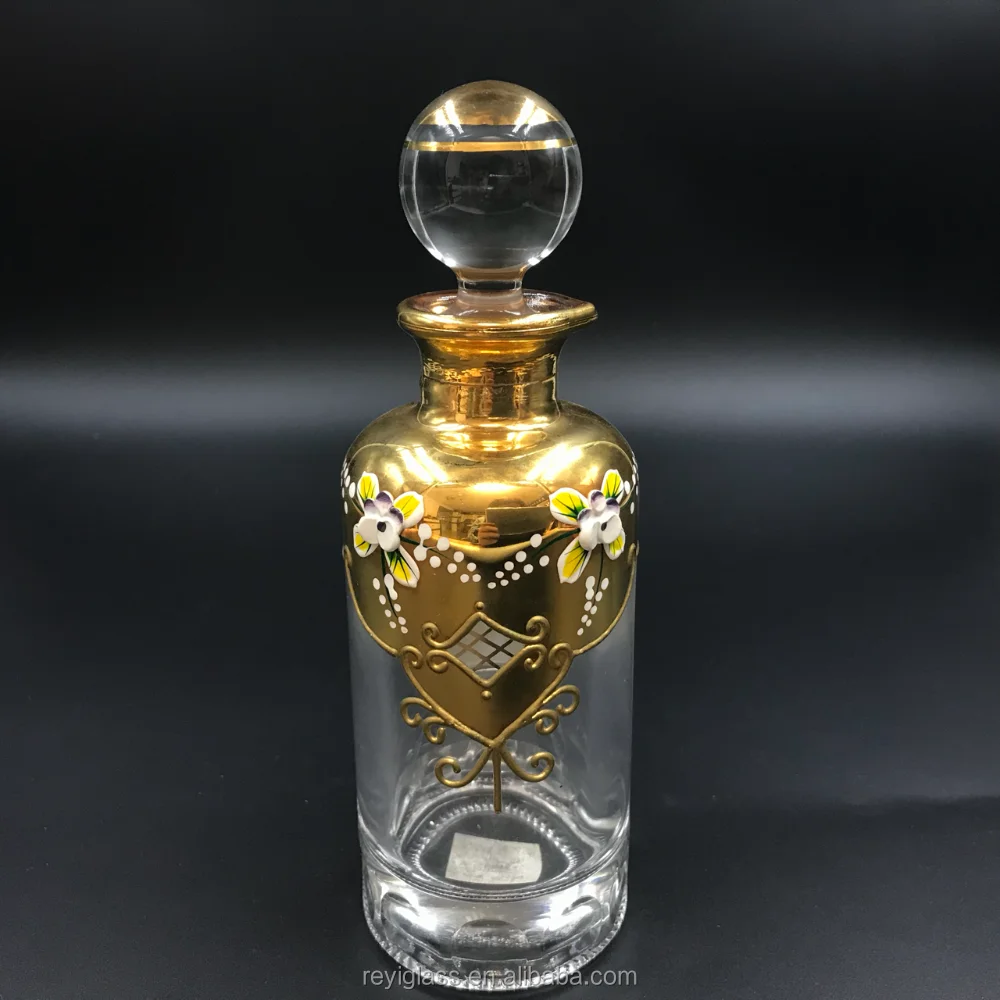 2021 Hot Sale Arabic Attar Bottle Display Golden Decanter Bottle Glass