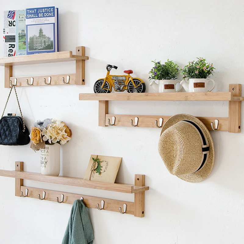 Bamboo Wooden Wall Mounted Clothes Hooks Rack With Book Wall Shelf ...