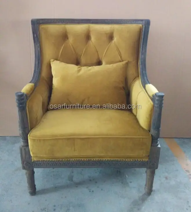 Vintage French Style Yellow Velvet Upholstery Carved Wood Arm