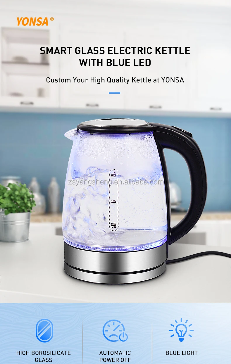 Free Sample Manufacture New Blue Light 110V 1.8L Big Smart Electronic Glass Stainless Steel Tea Water Electric Kettle