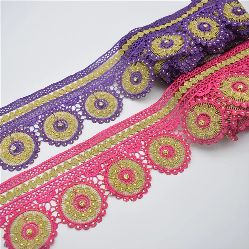 Beaded Sequin Rhinestones Floral Embroidered Lace Fabric Ribbon Trim Crochet Guipure Applique Motif for Wedding Dress