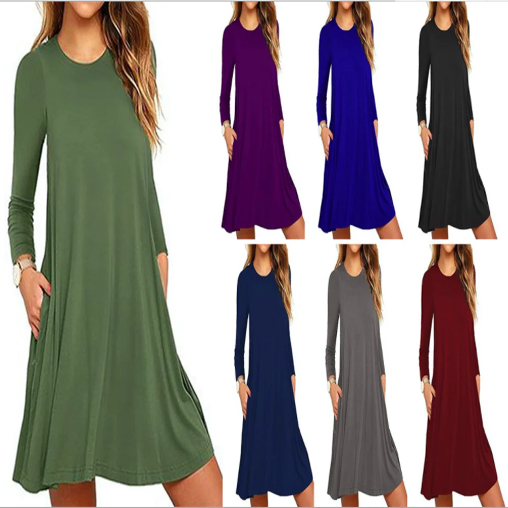 Women' S Casual Plain Tshirt Loose Dresses Long Sleeve Garments - Buy ...
