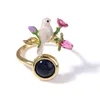 Korean new adjustable open bird flower shape 18k gold plated ring design handmade enemalled rose blossom flower engagement ring