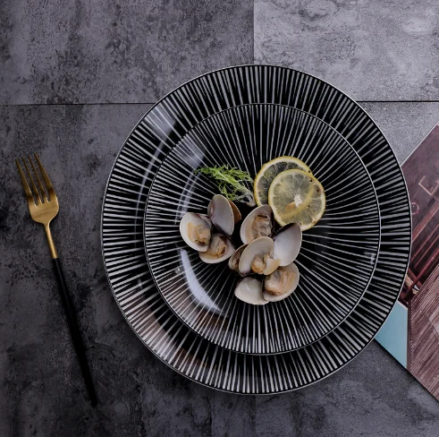 European Style Black Ceramic Dinner Plate Gold Rim 8" 10" Nordic Restaurant Plates Steak Plate