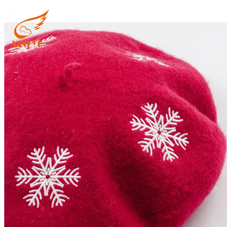 Classic Ladies Red Beret Hat Fashionable Snowflake Embroidered Girls Winter Hat for Christmas