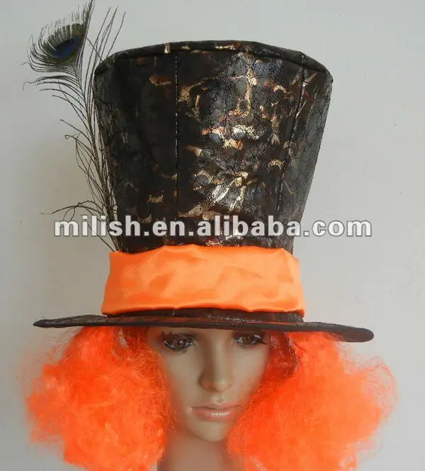 Fancy Dress Deluxe Alice Mad Hatter Gold Floral Top Hat With Orange Crazy Hair
