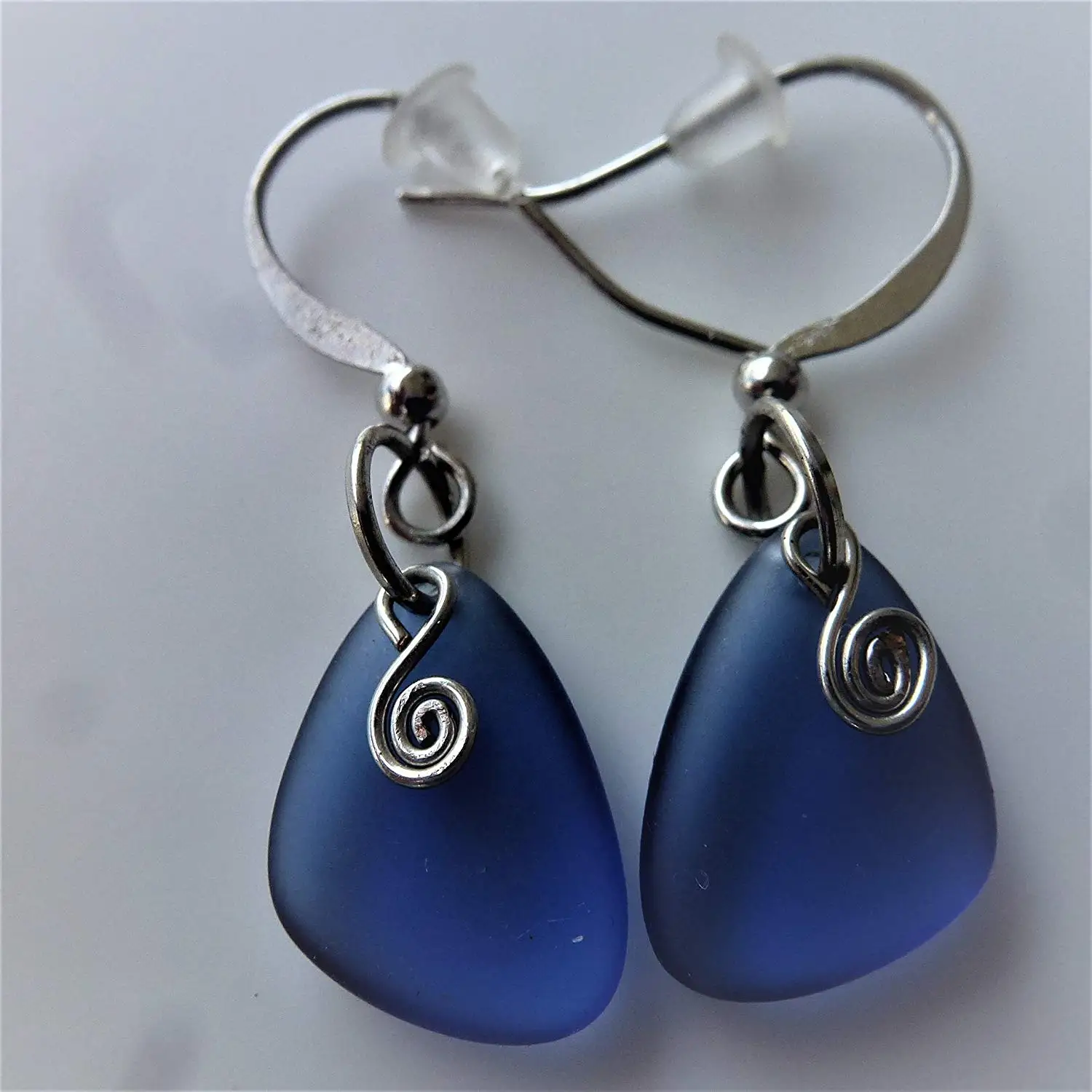 Blue nautical sea glass small 0.5 inch earrings delicate drop elegant young ocean coast hawaiian foam beach prime handmade fashion chraming gift mermaid tears jewelry for women and girls
