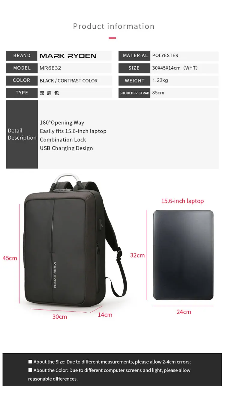 Mark Ryden Anti-Theft Water-Resistant Laptop Dual Backpack & Messenger Bag With USB Charging Port MR6832