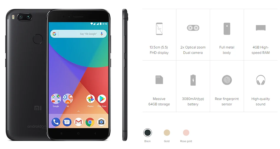 Global Version Xiaomi Mi A1 MiA1 Mobile Phone 5.5" Snapdragon 625 Octa Core 4GB RAM 64GB ROM 12.0MP+12.0MP Camera Android One