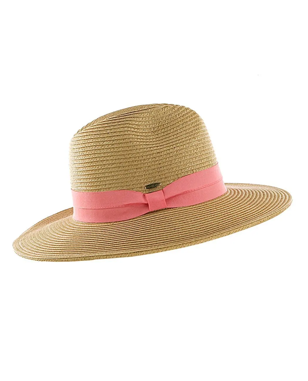 BABY-QQ New Design Lightweight Solid Color Band Braided Panama Fedora Sun Hat Dk Nat/Coral Dark Natural/Coral