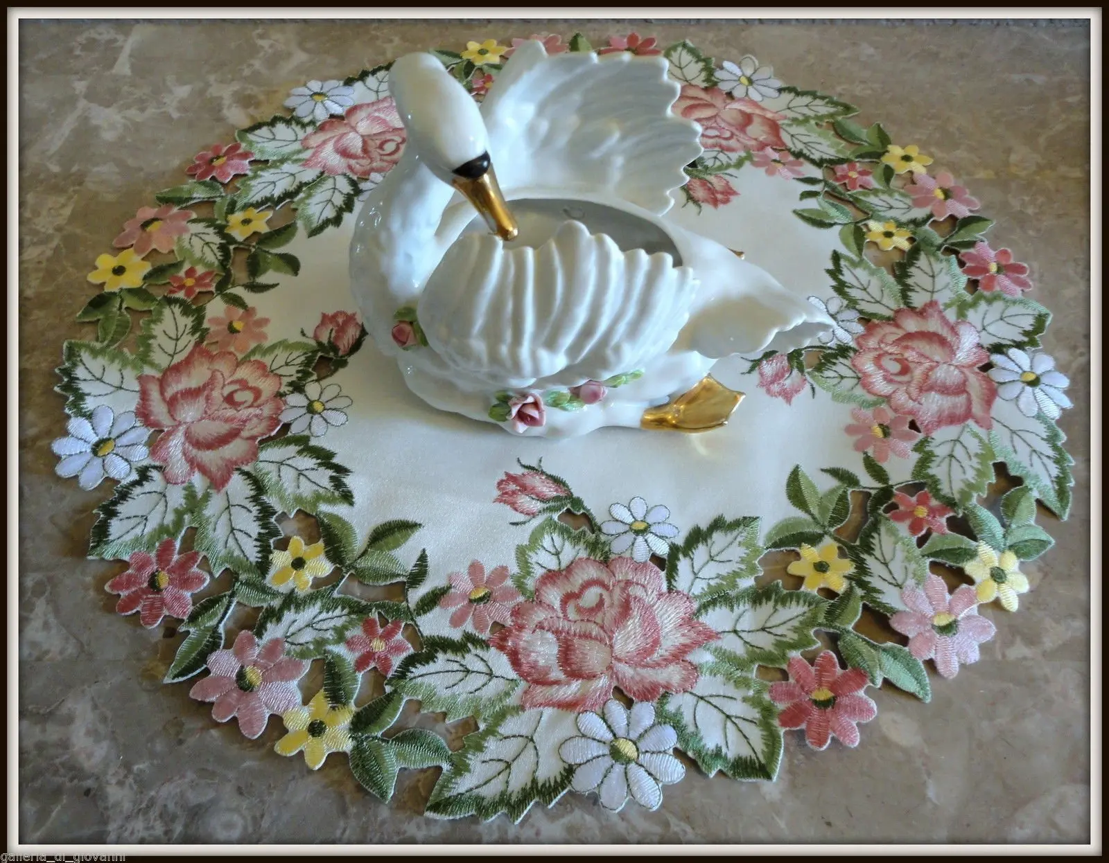 Buy Embroidered Pink Rose 15" Doily Table Topper Round