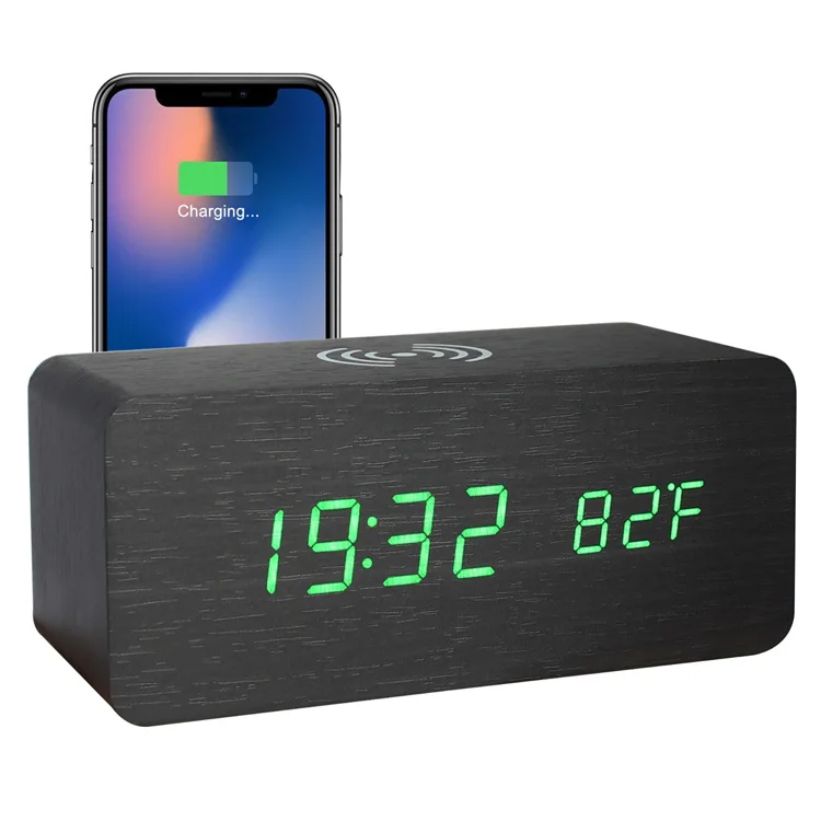 Creative Universal Led Wooden Alarm Clock With Qi Wireless Mobile Phone