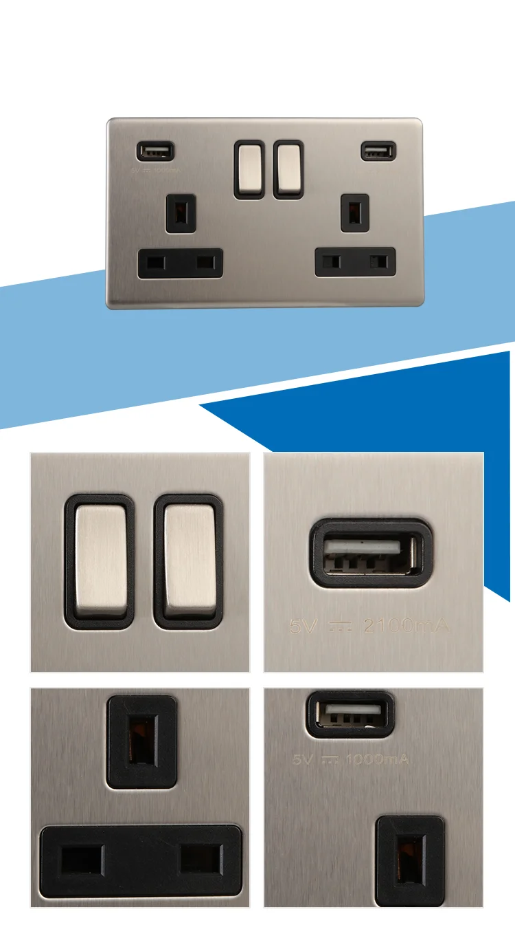Hailar UK standard custom 2 gang 12v power metal switched wall socket with usb charger port