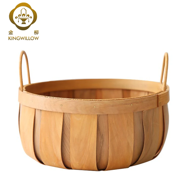 Kingwillow Handmade Round Woven Wood Basket Woodchip Basket Storage